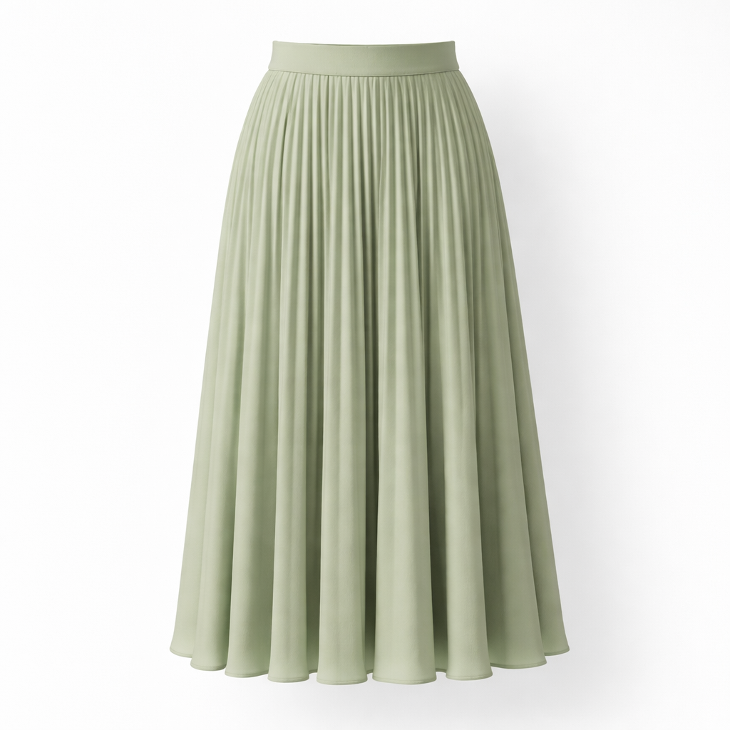 Jupe plissee midi vert sauge en tissu fluide