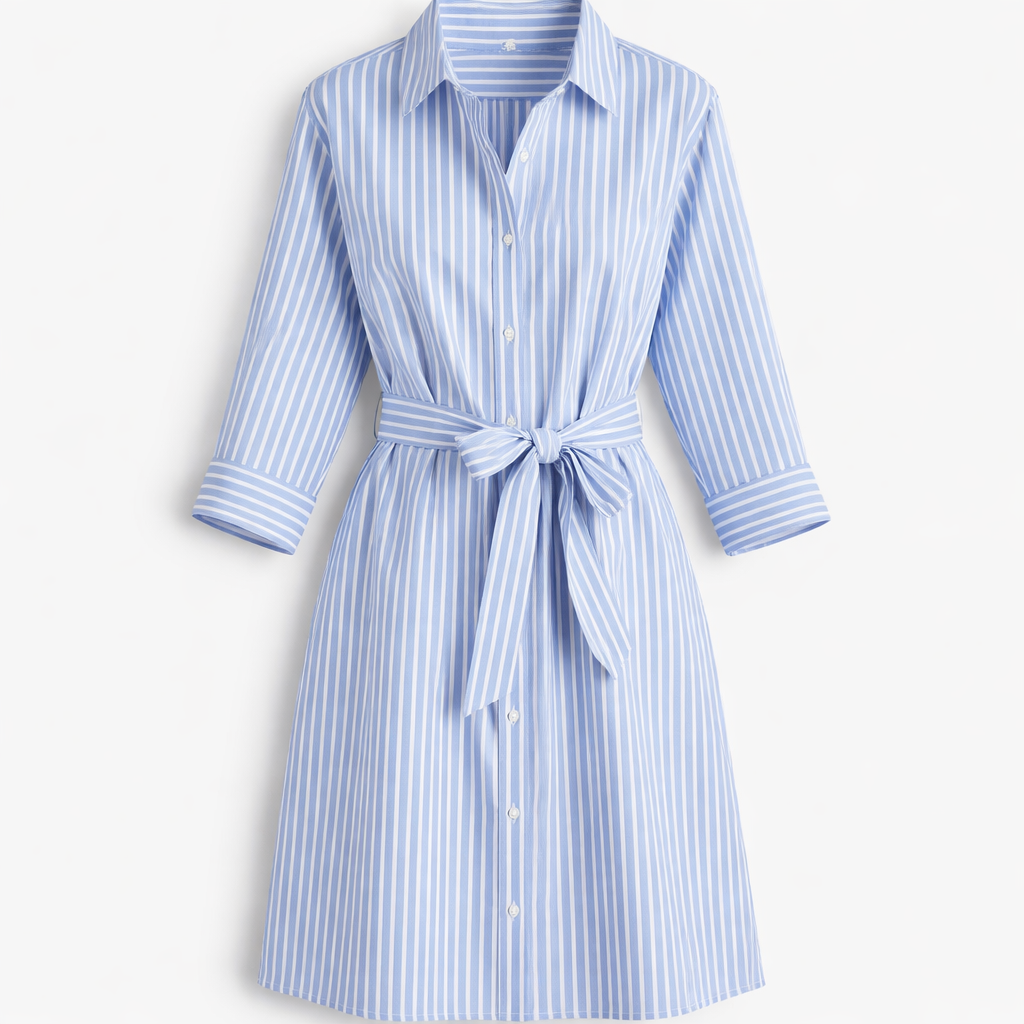 Robe chemise femme en coton bleu a rayures avec ceinture