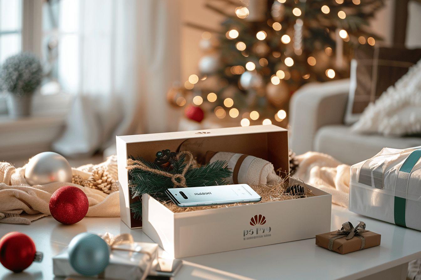 Boîte blanche contenant un téléphone portable, décorée de branchages de sapin.