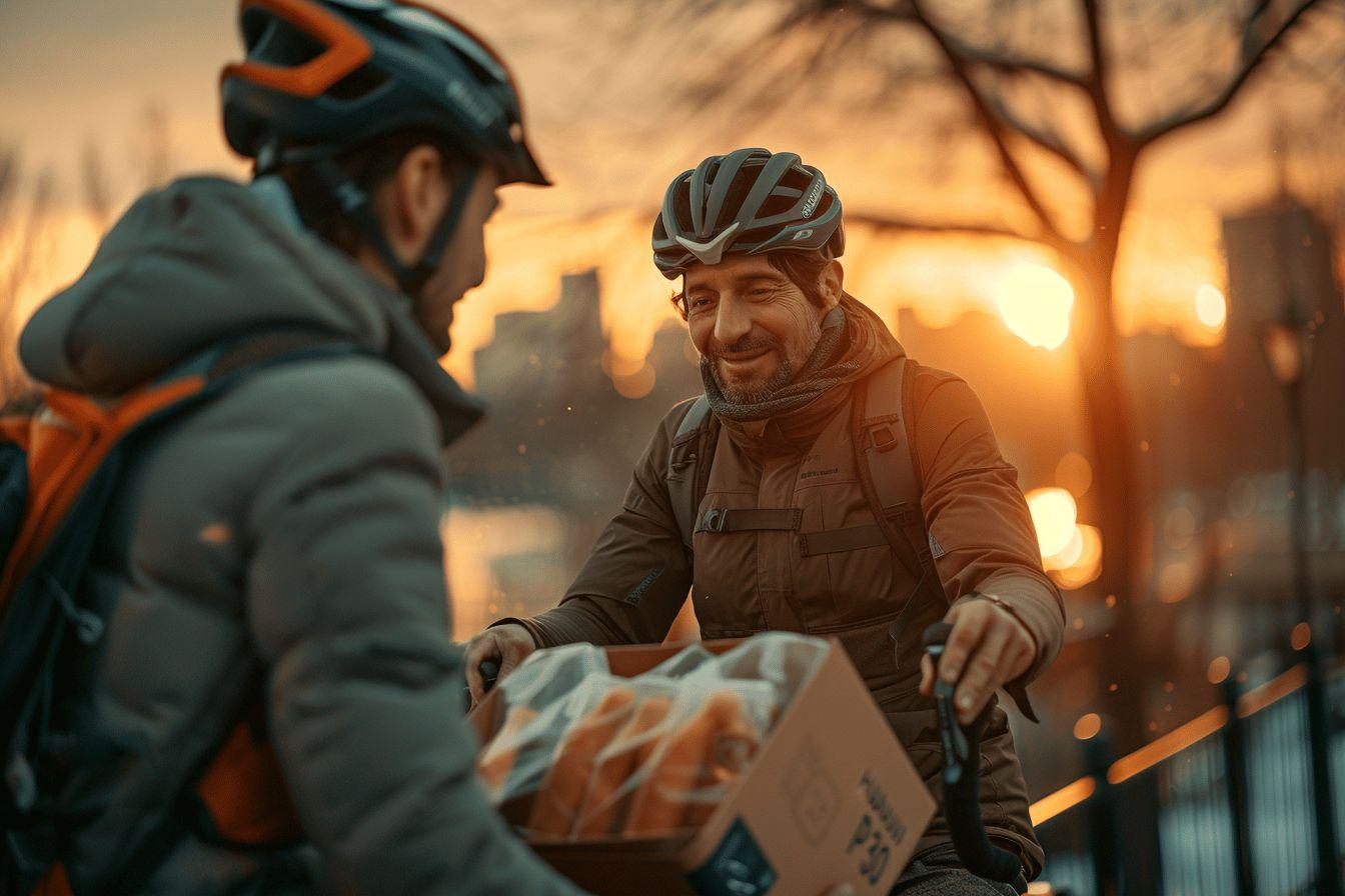 Deux livreurs à vélo échangent un colis dans un cadre bucolique au coucher du soleil