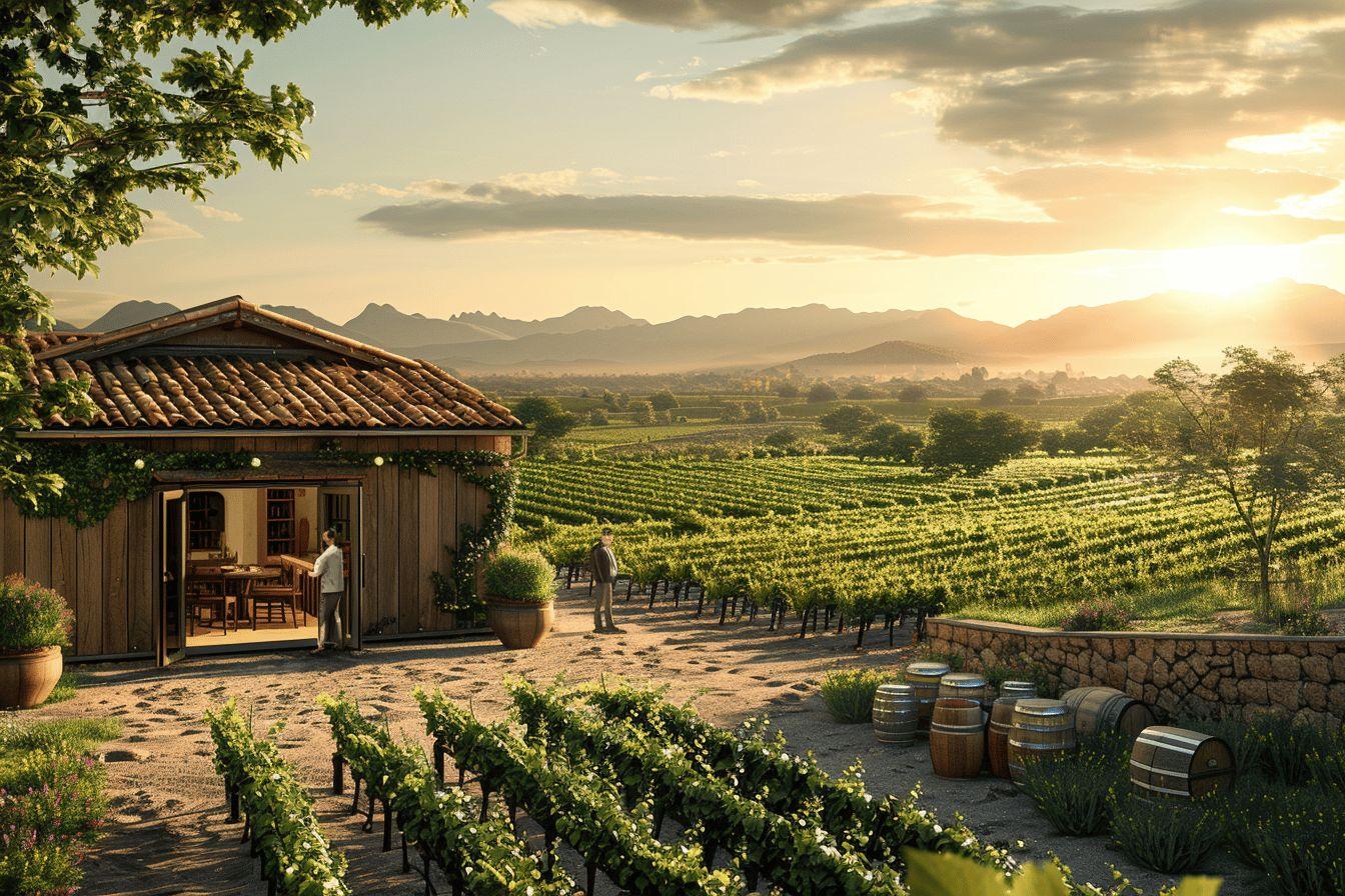 Paysage bucolique d'un vignoble avec une maison en bois et des tonneaux.