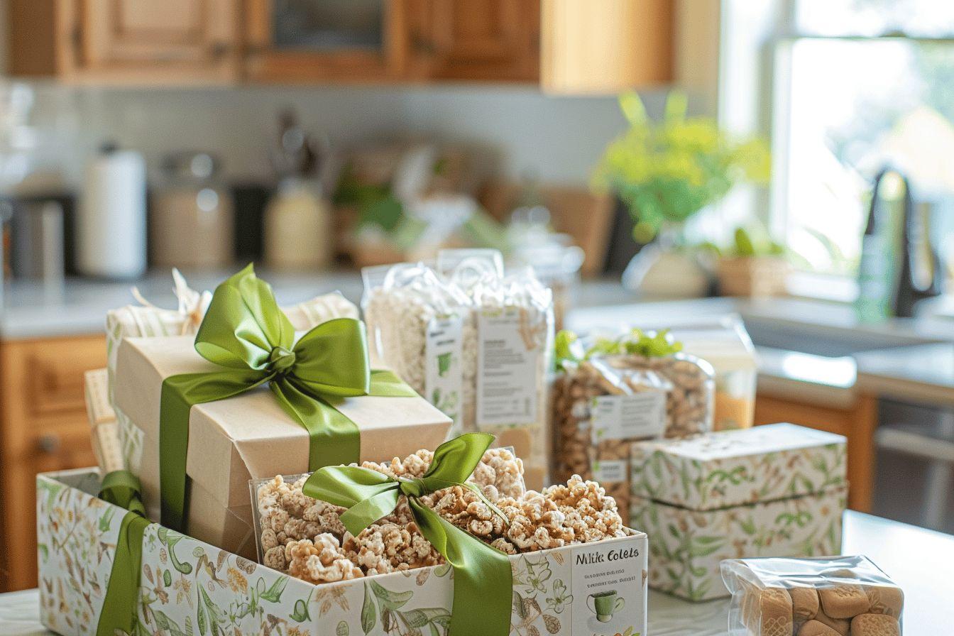 Boîtes-cadeaux emballées avec nœuds verts dans une cuisine