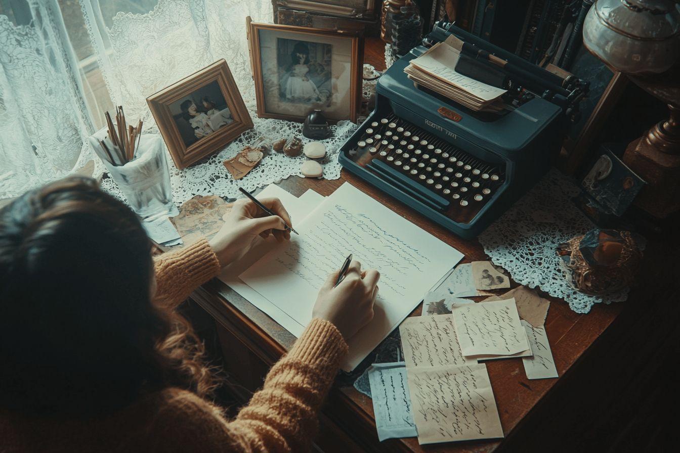 Bureau vintage avec machine &agrave; &eacute;crire, photos anciennes et mains &eacute;crivant