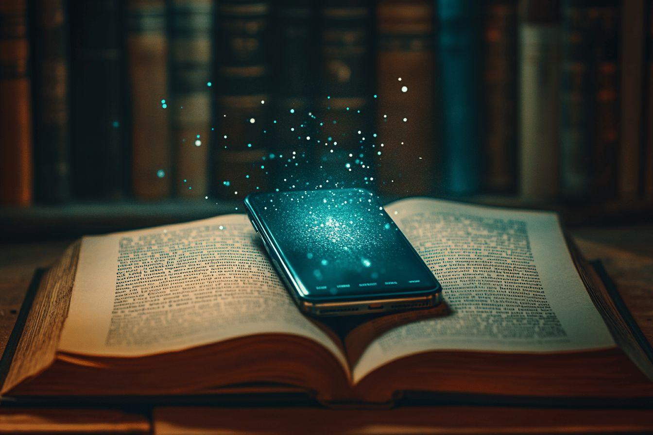 Smartphone brillant sur un livre ouvert avec des particules lumineuses